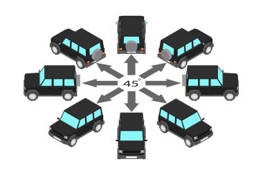 Rotation of the SUV by 45 degrees. Black sport utility vehicle in different angles in isometric.