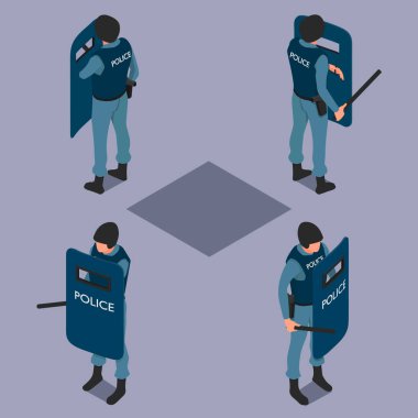 Kalkanlı ve coplu bir polis. Farklı açılarda isometry üniformalı polis.