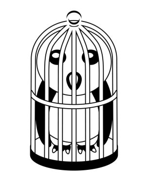 Kuş kafesinde kanarya. Siyah beyaz kafeste bir kuşun logosu.