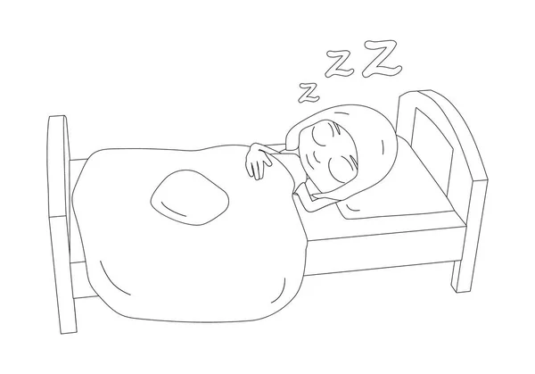 その少女はベッドで寝ている 輪郭でかわいい漫画のキャラクター — ストックベクタ