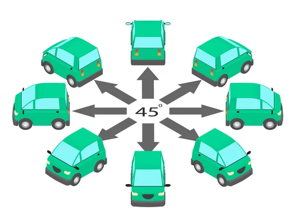 轿跑车旋转 不同角度的紧凑型汽车在等轴测 — 图库矢量图片