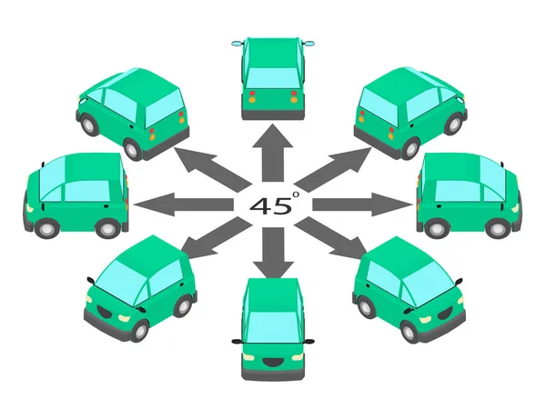 Rotatie Van Coupe Auto Met Graden Compacte Auto Verschillende Invalshoeken — Stockvector