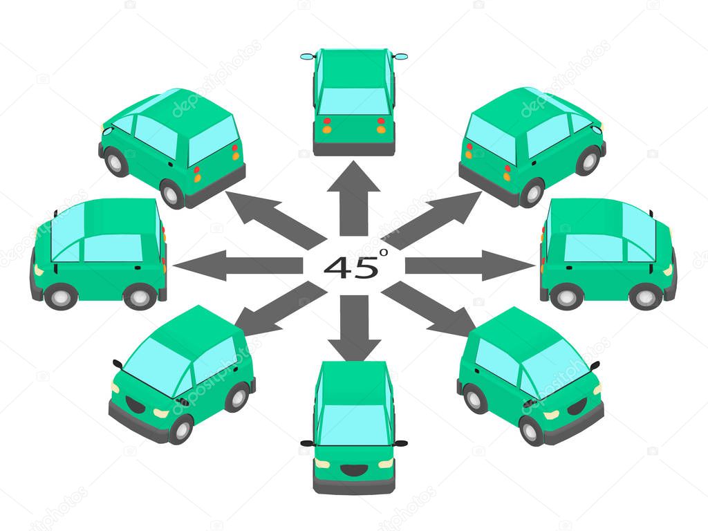 Rotation of the coupe car by 45 degrees. Compact car in different angles in isometric.