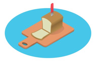 İsometride kesme tahtasında ekmek. İçinde bıçak olan dilimlenmiş ekmek.