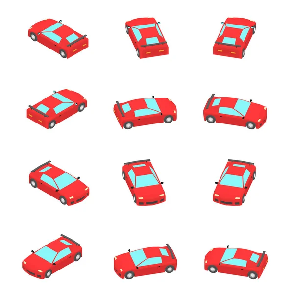 Animacja Obrotu Sportowego Samochodu Widoku Izometrycznym Czerwony Samochód Coupe Różnymi — Wektor stockowy