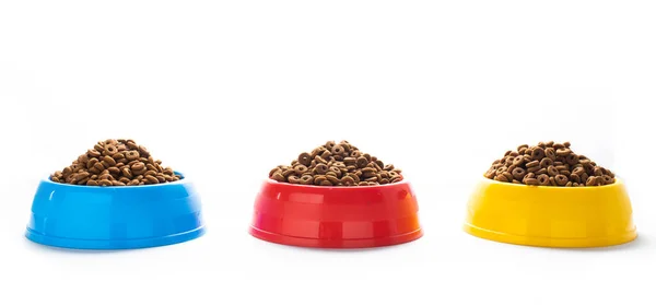 Plastic Bowl Full Dry Dog Food Isolated White Background Top — Stock Photo, Image