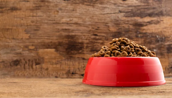Plastikschale Voll Mit Trockenem Hundefutter Auf Holzgrund Getreidefutter Von Oben — Stockfoto