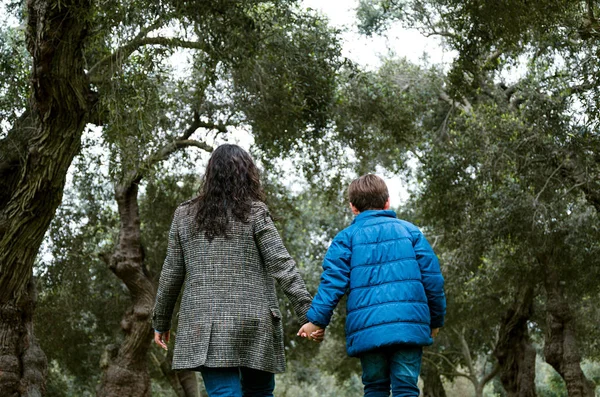 Mother and son holding hands walking in a park