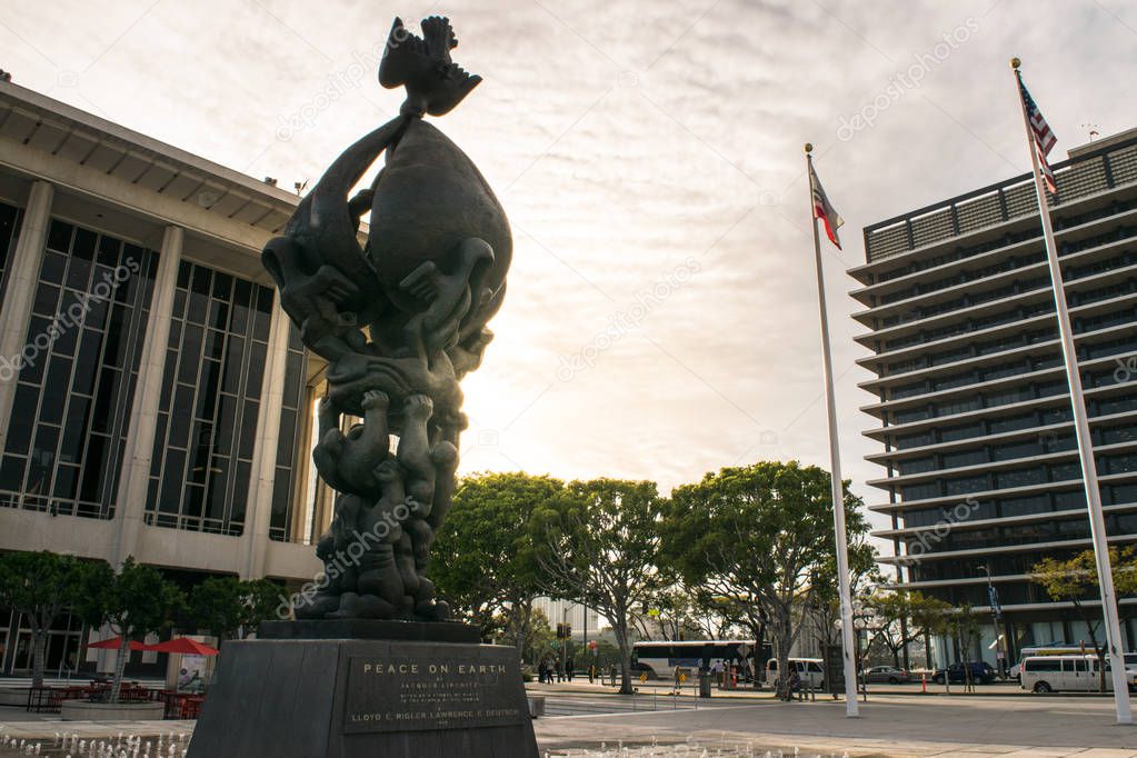 Exterior view of water fountain on plaza in front of Dorothy Chandler Pavilion and Music Center in downtown Los Angeles