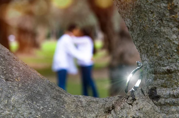 Anillo de boda para los novios el día de la boda. En el fondo pareja desenfocada besándose en un parque —  Fotos de Stock