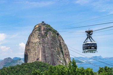 Rio de Janeiro'da çeşitli plajlar ve simgesel yapılar gösteren, gün batımında bir teleferik görünümü.