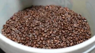 Kavrulmuş kahve çekirdekleri kızartma makinesinden kovaya konur.