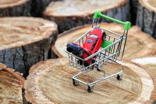 Der Einkaufswagen Auf Dem Baumstumpf Mit Den Jahresringen Des Hintergrunds — Stockfoto