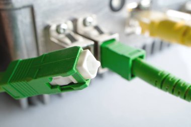 Tv yayını için optik alıcı arka plan üzerinde yeşil bağlayıcı optik yama kablosu