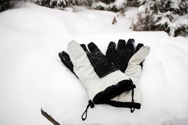 Guantes blancos y negros en la nieve sobre el fondo del bosque en invierno en la taiga, período de invierno —  Fotos de Stock
