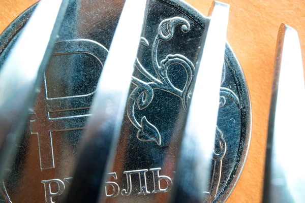 The Russian ruble coin is hidden behind metal bars — Stock Photo, Image