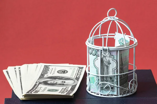 the ruble closed in a tight cage and a pack of dollars lying next to the book, the background is red