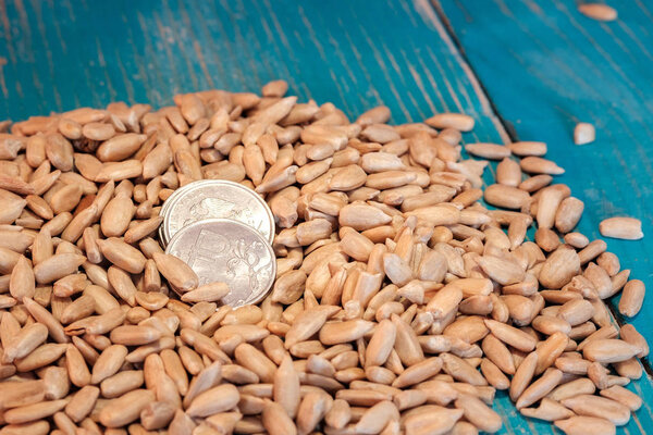 очищенные семена подсолнечника на голубой деревянной поверхности в семенах монеты стоимостью один рубль
