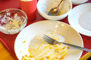 Restoranda yemekten sonra kirli tabaklar.