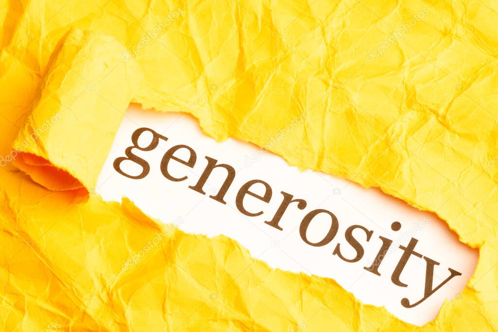 the word generosity is seen from under torn orange paper with ragged edges. the appearance of generosity