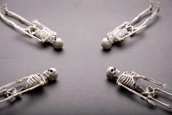 Cztery Szkielety Leżą Naprzeciwko Siebie Głowami Skierowanymi Środkowi Zbiór Szkieletów — Zdjęcie stockowe