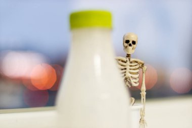 İskelet ve bir şişe kefir. Süt ürünlerinin ve hayvanların acı çekmesinin zararlılığı.