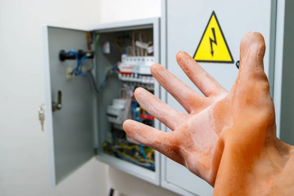 Hand Dielectric Glove Reaches Electrical Panel Compliance Labor Protection Rules — Stock Photo, Image