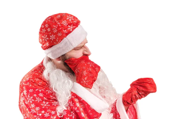 Cansado Santa Claus Apoya Barbilla Con Mano Otra Mano Estirada — Foto de Stock