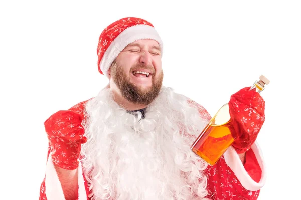 Hombre Barbudo Muy Alegre Vestido Santa Claus Con Una Botella — Foto de Stock