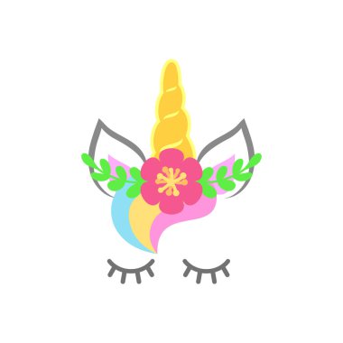 Güzel çiçekler ile şirin tek boynuzlu at yüz. Tek boynuzlu at başı. Vektör çizim