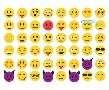 Emoji büyük kümesi. Sarı yüzler. Düz ifadeler. Beyaz arka plan üzerinde izole vektör çizim.
