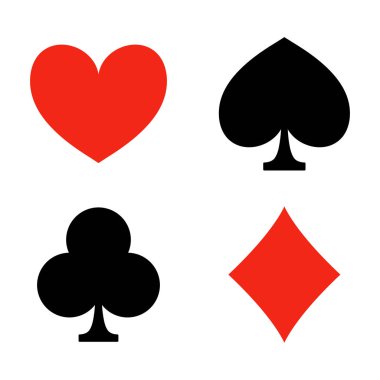 Oyun kartı uygun. Oyun. Casino kutsal kişilerin resmi. Kalp, elmas, kulüp ve kürek. Beyaz arka plan üzerinde izole vektör çizim.