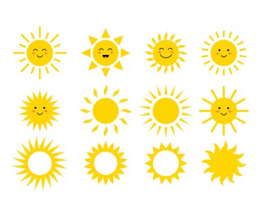 Güneşler kümesi. Şirin güneşler. Sarı yüzler. Emoji. Yaz ifadeler. Vektör çizim isoalted beyaz arka plan üzerinde.