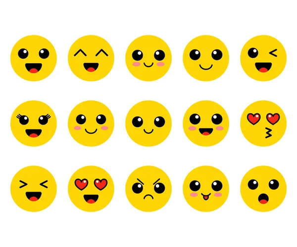 Uppsättning Emoji Kawai Gula Ansikten Söt Emoticons Platt Vektorillustration Isolerade — Stock vektor