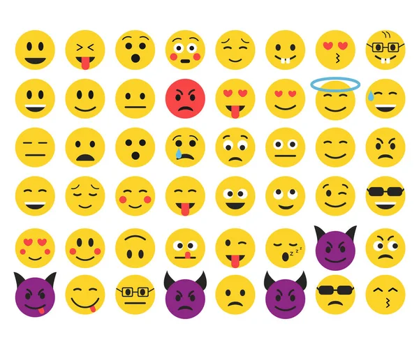 Grande Conjunto Emoji Caras Amarelas Emoticons Planos Ilustração Vetorial Isolada — Vetor de Stock