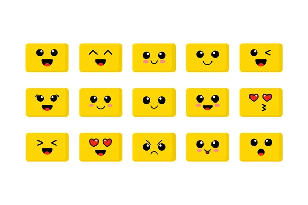 Conjunto Emojis Caras Amarillas Kawai Emoticones Lindos Sonrisas Planas Ilustración — Vector de stock