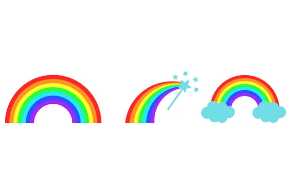 Vektor Színes Rainbow Gyűjtemény Felhők Varázspálca Rajzfilm Lapos Ikonok Illusztráció — Stock Vector