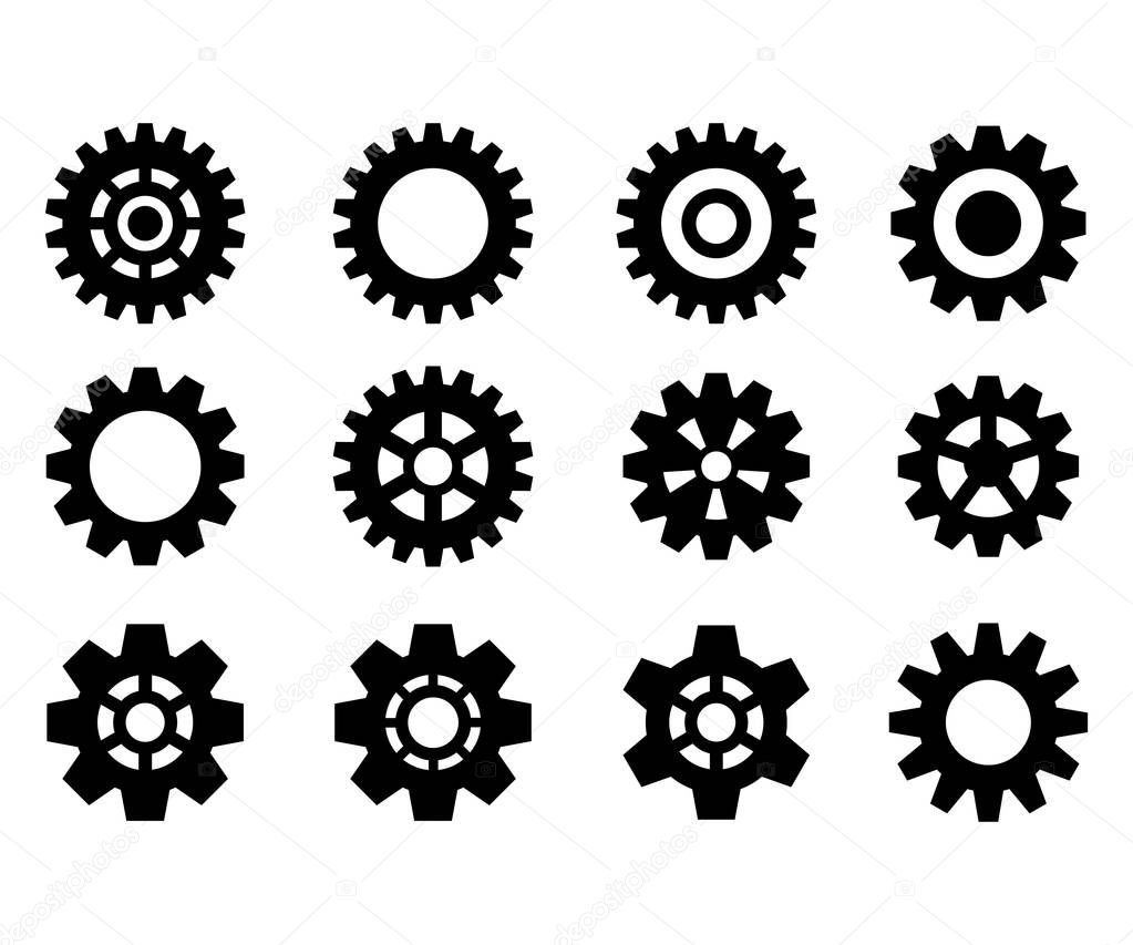 Set of the gears. Steampunk. Black gear wheels icons. Cog wheels. Vector illustration isolated on white background.