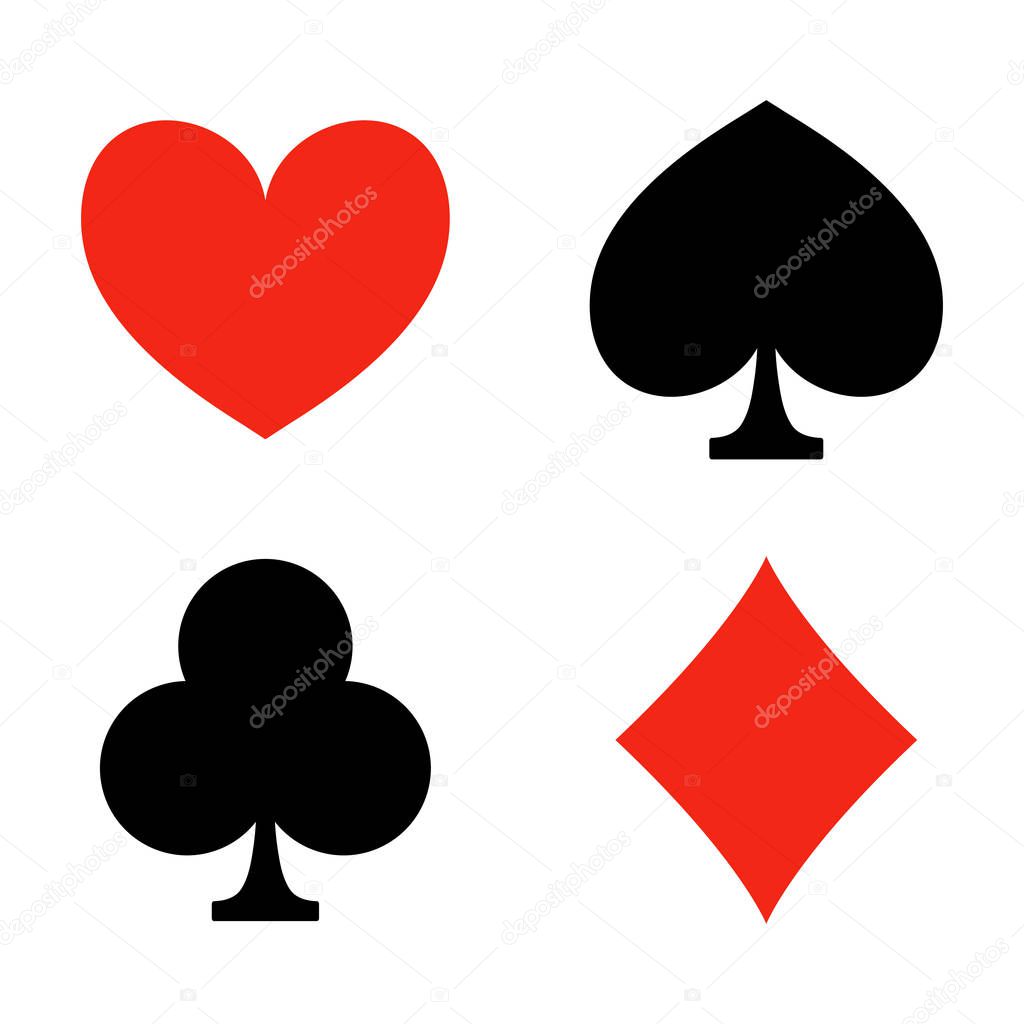 Playing card suits. Game. Casino icons. Heart, diamond, club and spade. Vector illustration isolated on white background.