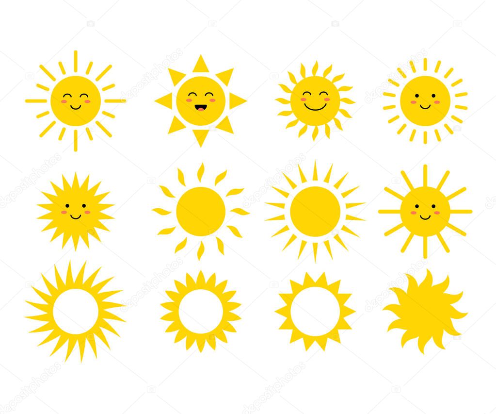 Set of the suns. Cute suns. Yellow faces. Emoji. Summer emoticons. Vector illustration isoalted on white background.