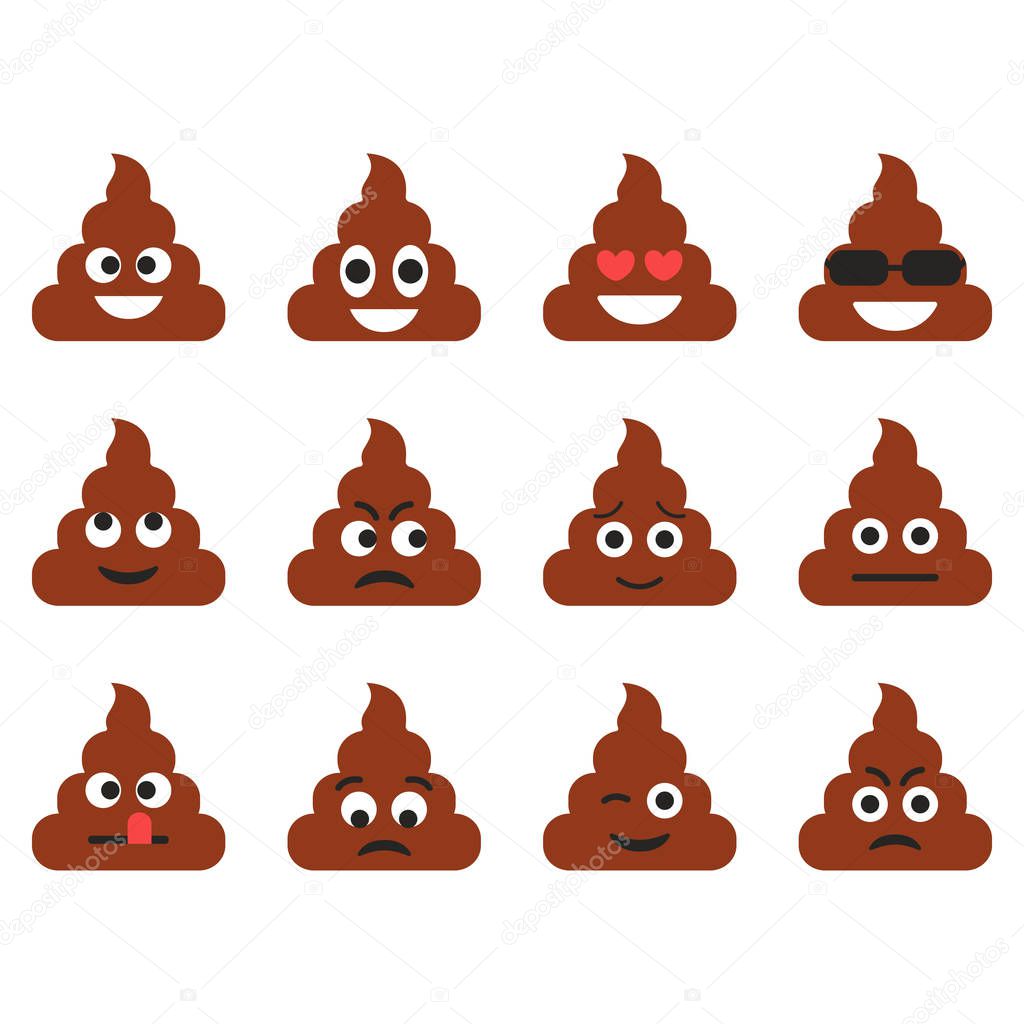 Set of the poop emoticons. Cute emoji icons. Cartoon emotions. Vector illustration isolated on white background.
