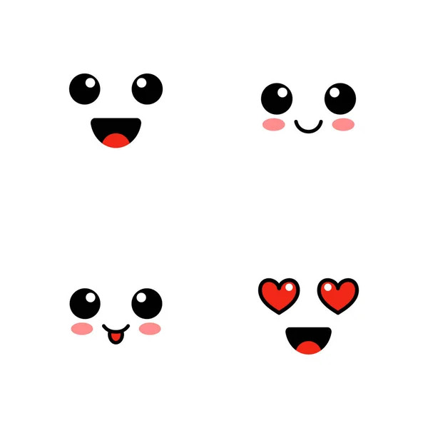 Conjunto Emojis Caras Lindas Kawai Emoticones Divertidos Iconos Planos Ilustración — Vector de stock