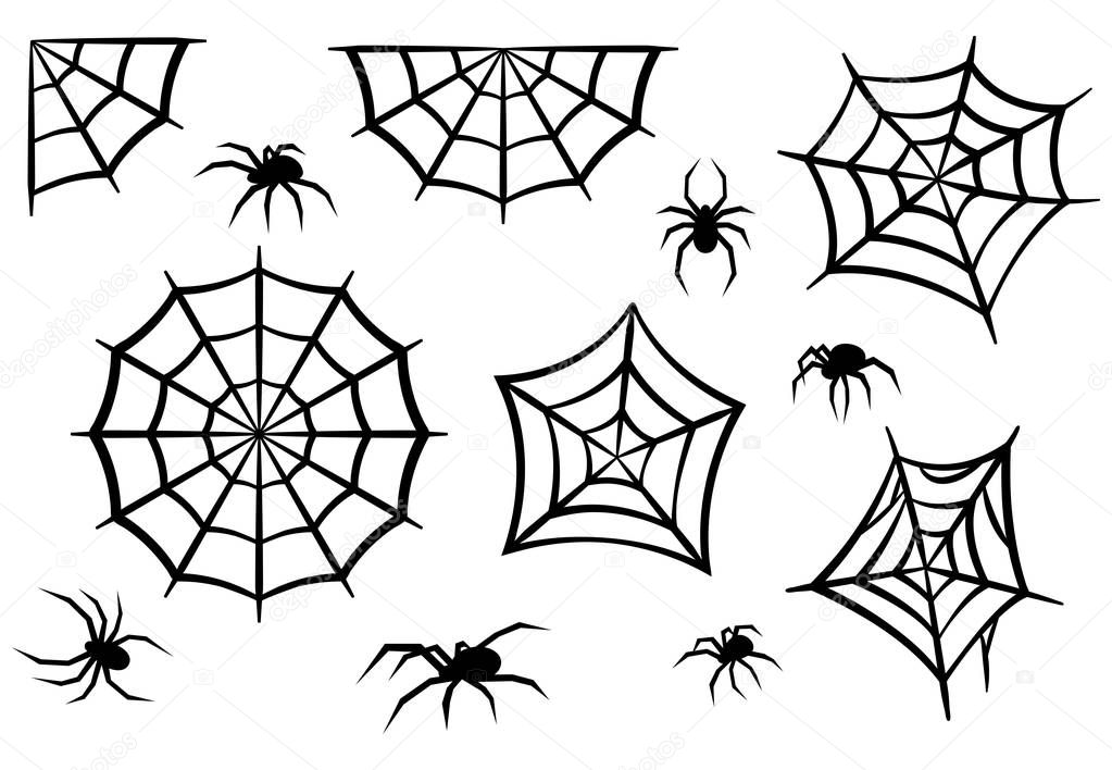 Black silhouettes of spiders and spider webs. Halloween elements isolated on white background. Flat vector illustration