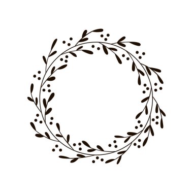 Noel sevinç çelenk. Elle çizilmiş vektör yuvarlak çerçeve davetiyeler, kartpostallar, tebrik kartları, tırnak, logolar, posterler ve daha fazlası için. Beyaz arka plan üzerinde izole vektör çizim
