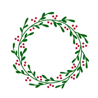 Noel sevinç çelenk. Elle çizilmiş vektör yuvarlak çerçeve davetiyeler, kartpostallar, tebrik kartları, tırnak, logolar, posterler ve daha fazlası için. Beyaz arka plan üzerinde izole vektör çizim