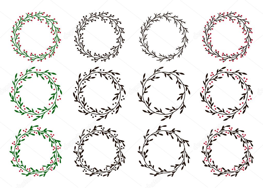 Collection of christmas wreaths. Hand drawn vector round frames for invitations, postcards, greeting cards, quotes, logos, posters and more. Vector illustration isolated on white background