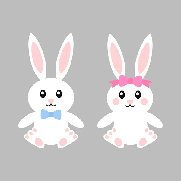 Happy easter bunnies with bows - vector illustration. Cute bunny girl and boy. White rabbit isolated. Cartoon — Stock Vector