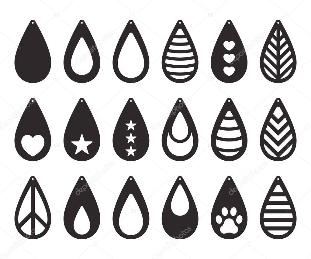 Earrings collection. Tear drop earrings with patterns. Pendant. Laser cut template. Jewelry making. Vector
