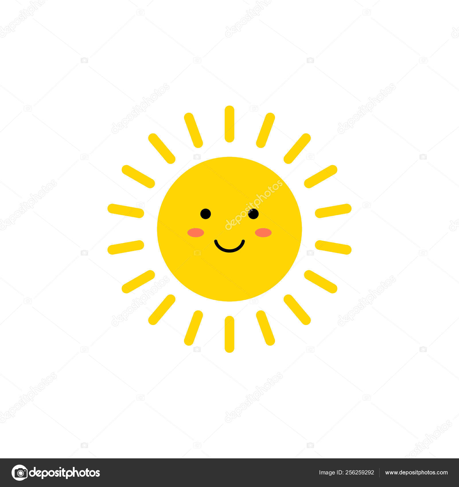 Sun - Vektorsymbol. süße gelbe Sonne mit lächelndem Gesicht. Emojis.  Sommer-Emoticon. Vektorillustration Stock-Vektorgrafik von ©Chereliss  256259292