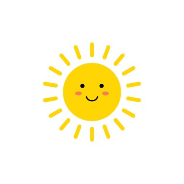 Güneş-vektör simgesi. Gülümseyen yüz ile sevimli sarı güneş. Emoji. Yaz ifadesi. Vektör Illustration
